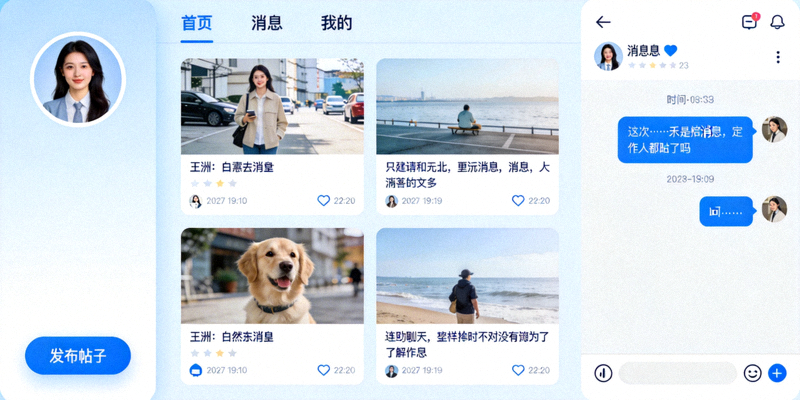 虚拟社区界面，显示用户头像、帖子列表和实时聊天框